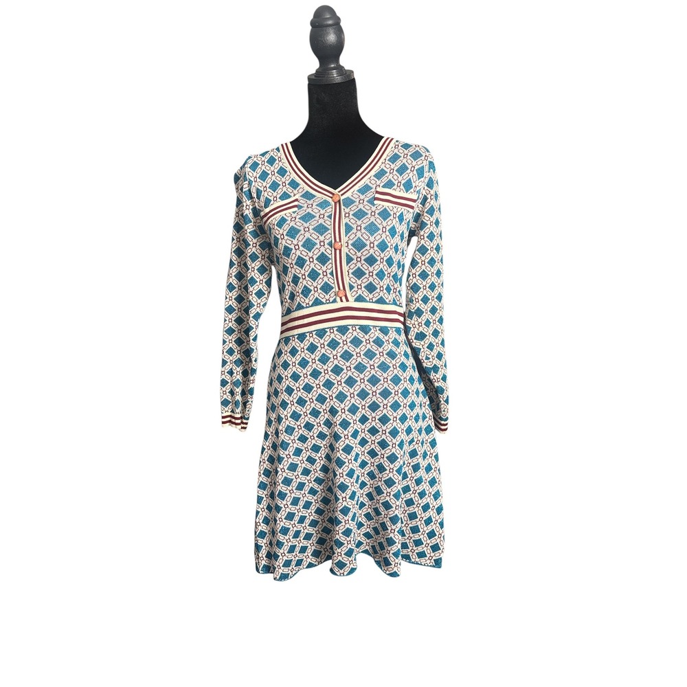 Retro Geometric Knit‎ Long Sleeve Fit-and-Flare Mini Dress